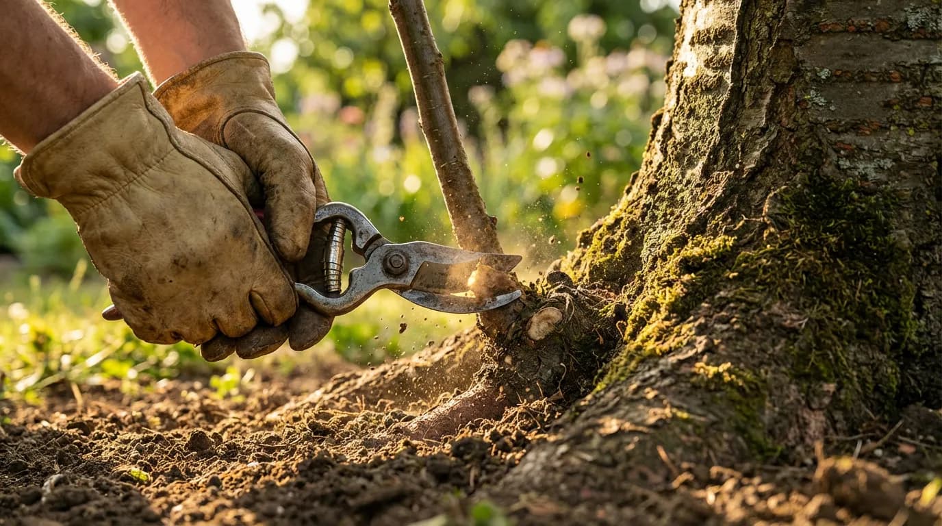 Jardinier en train de couper les drageons et rejets au pied d'un cerisier