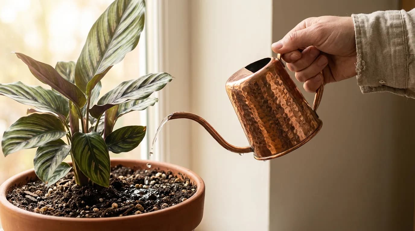 Arrosage précis d'un Calathea avec un arrosoir en cuivre