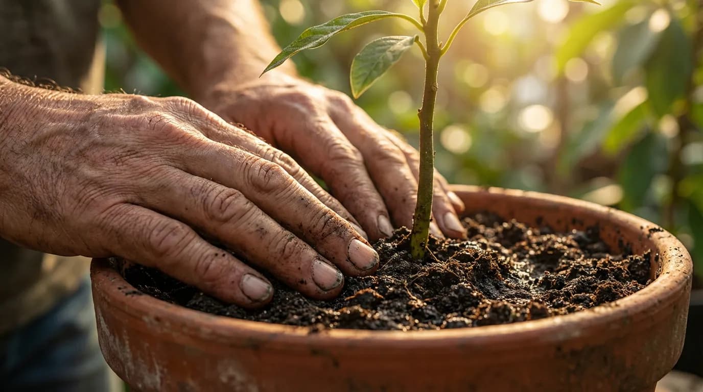 Vérification de l'humidité du terreau d'un avocatier à la main