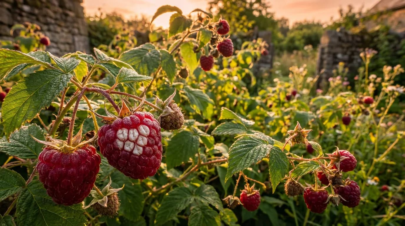 Bannière montrant un buisson de framboises au soleil avec des fruits présentant des taches blanches dues à l'insolation