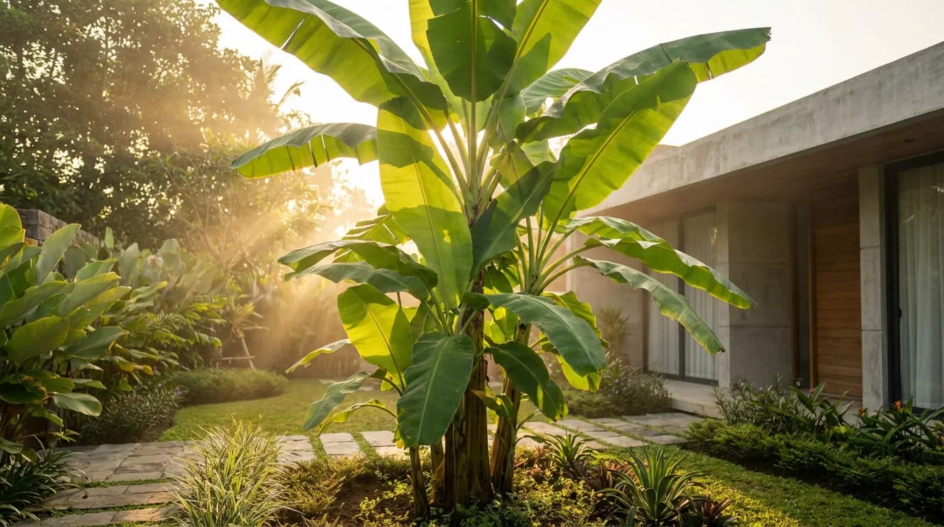Bananier majestueux aux larges feuilles vertes dans un jardin paysager au coucher du soleil