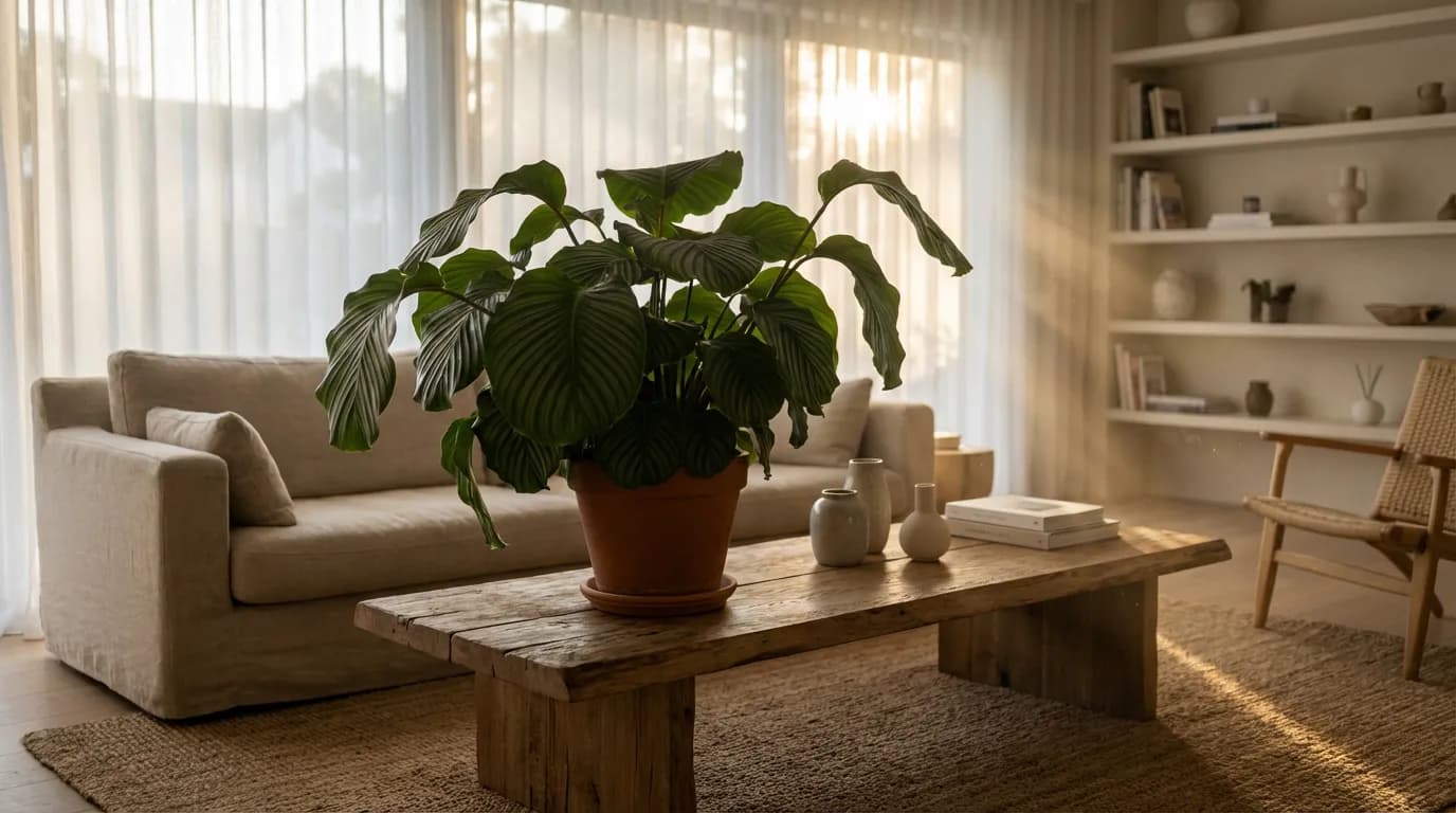 Calathea orbifolia aux feuilles tombantes sur une table dans un salon lumineux au coucher du soleil