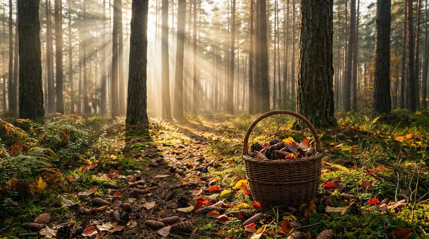 Forêt de pins en automne avec le sol couvert de pommes de pin et un panier de récolte