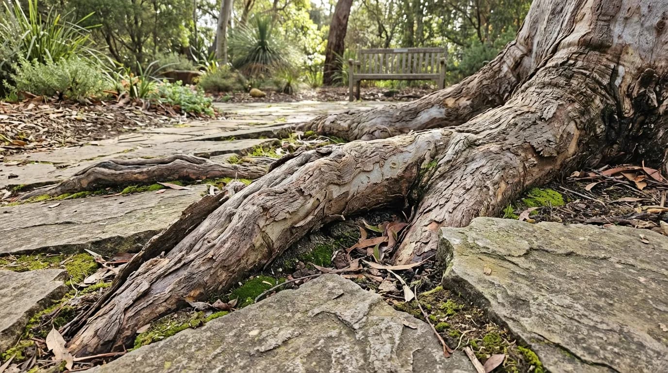 Racines d'eucalyptus soulevant des pavés dans une allée de jardin