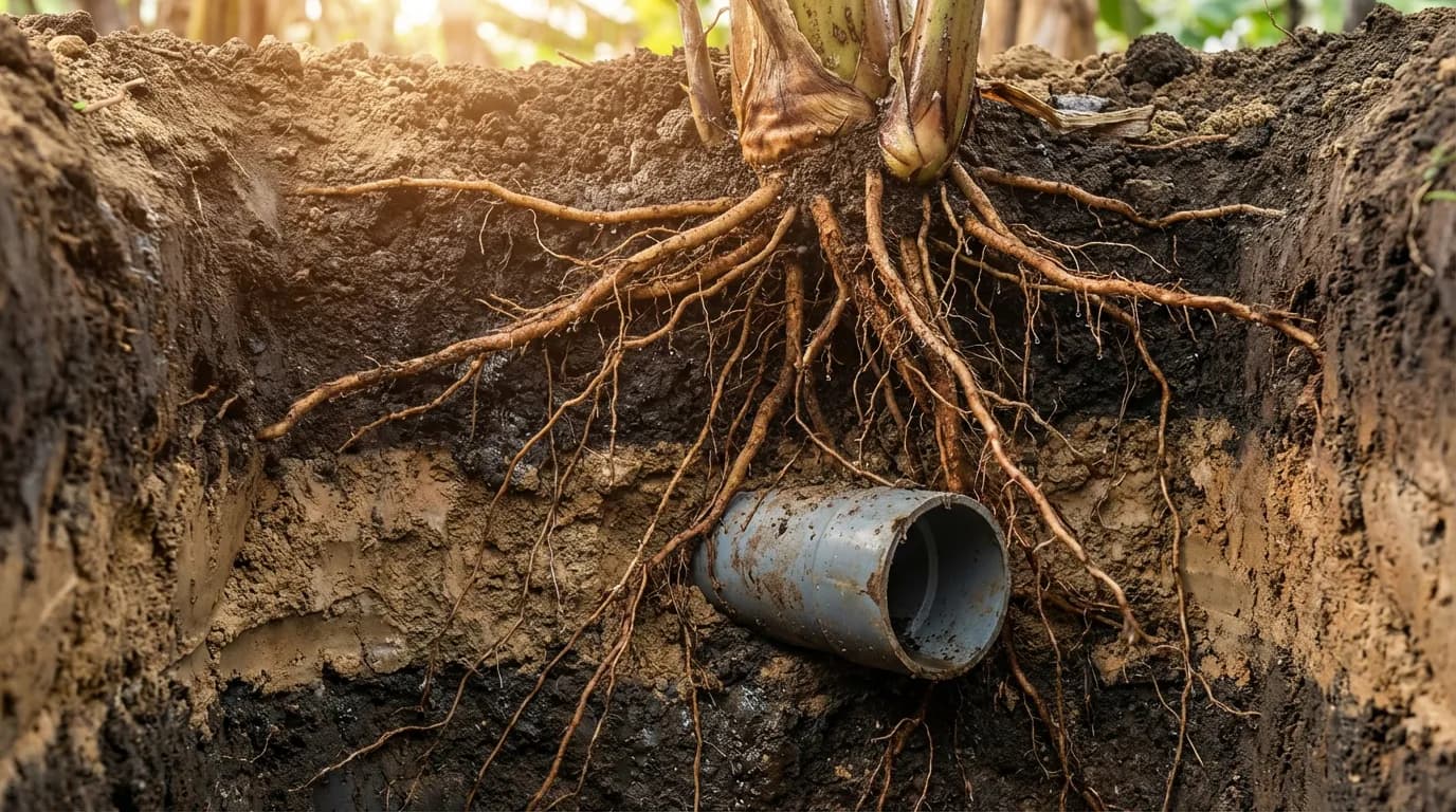 Vue en coupe du sol montrant les racines de bananier s'approchant d'une canalisation