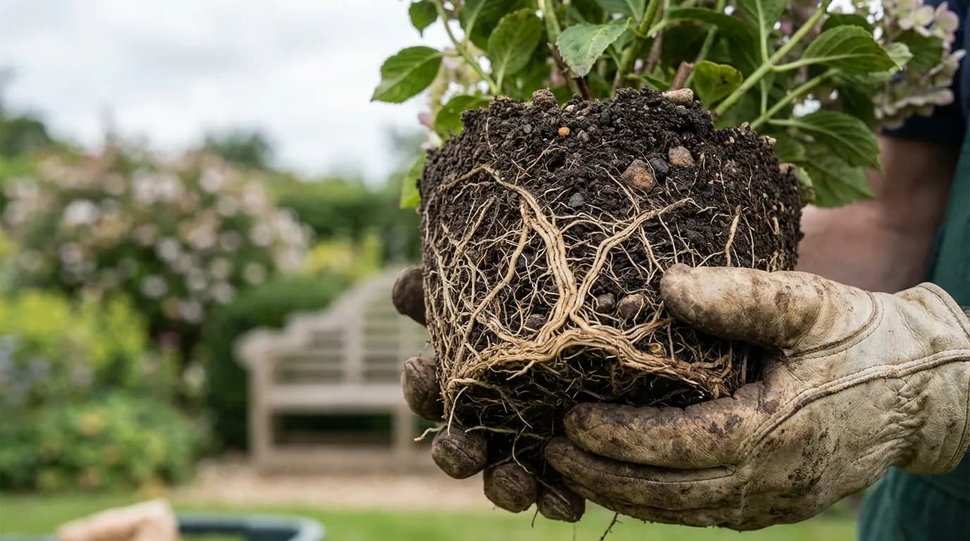 Mains d'un jardinier tenant la motte de racines d'un hortensia pour la transplantation.