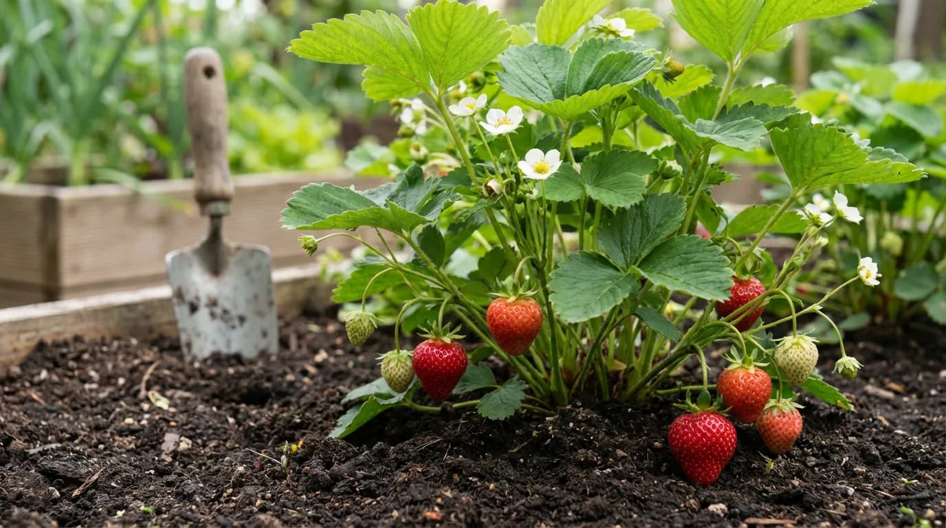 Plant de fraisier Charlotte en terre avec fleurs blanches et fruits en formation