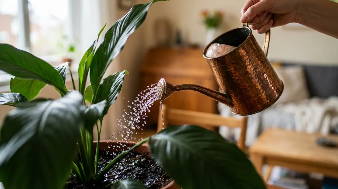Arrosage d'un Spathiphyllum avec un arrosoir en cuivre pour le sauver