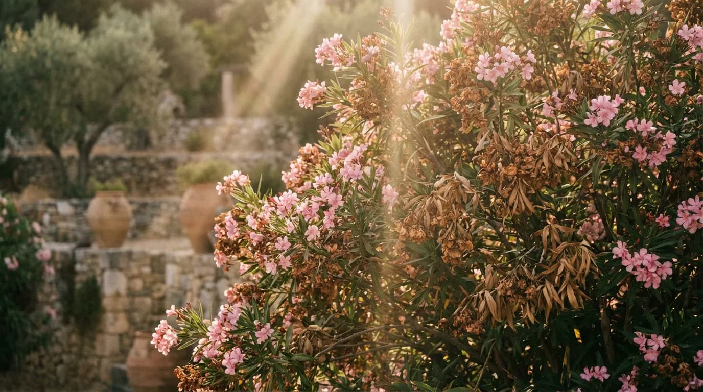 Vue d'ensemble d'un laurier rose avec des feuilles brunies dans un jardin méditerranéen au coucher du soleil