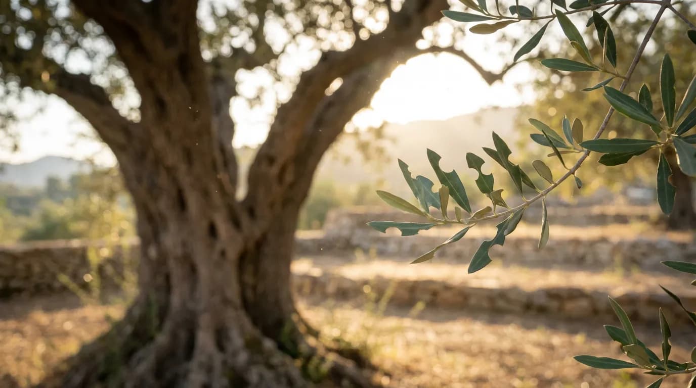 Vue panoramique d'un olivier majestueux au coucher du soleil avec des détails de feuilles mangées au premier plan