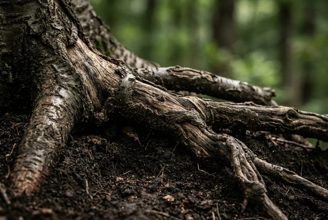 Gros plan artistique sur les racines noueuses d'un cerisier sortant de terre