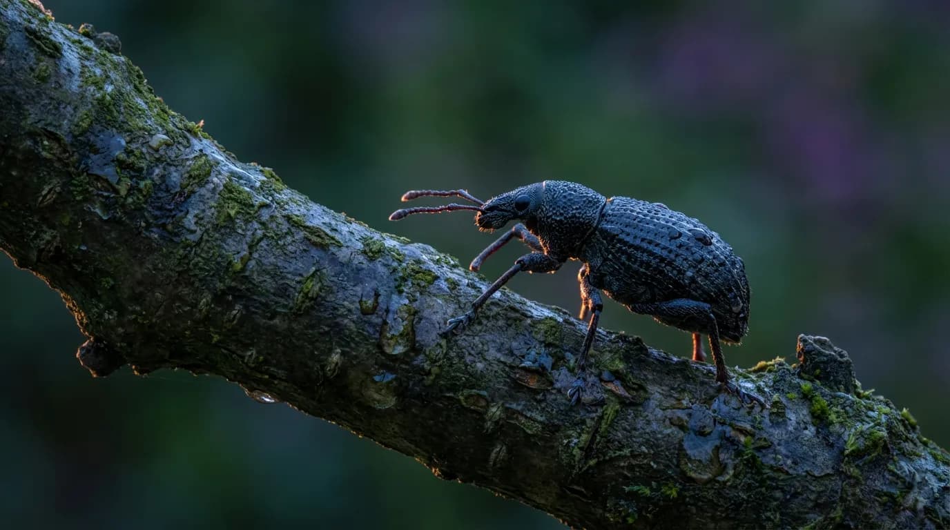 Photographie macro d'un otiorhynque noir marchant sur une branche d'olivier