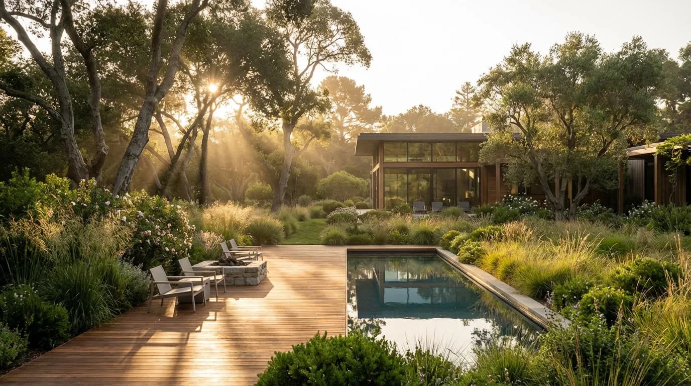 Jardin paysager moderne et luxueux avec terrasse en bois au coucher du soleil