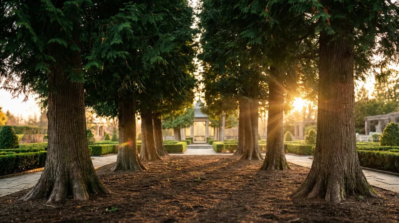 Alignement de thuyas majestueux dans un jardin paysager baigné par la lumière du coucher de soleil