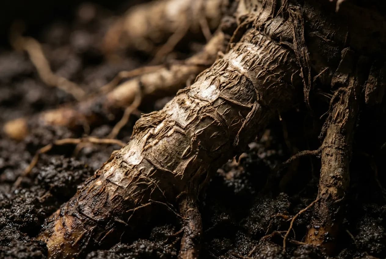 Gros plan détaillé sur le rhizome et les racines d'un bananier dans la terre