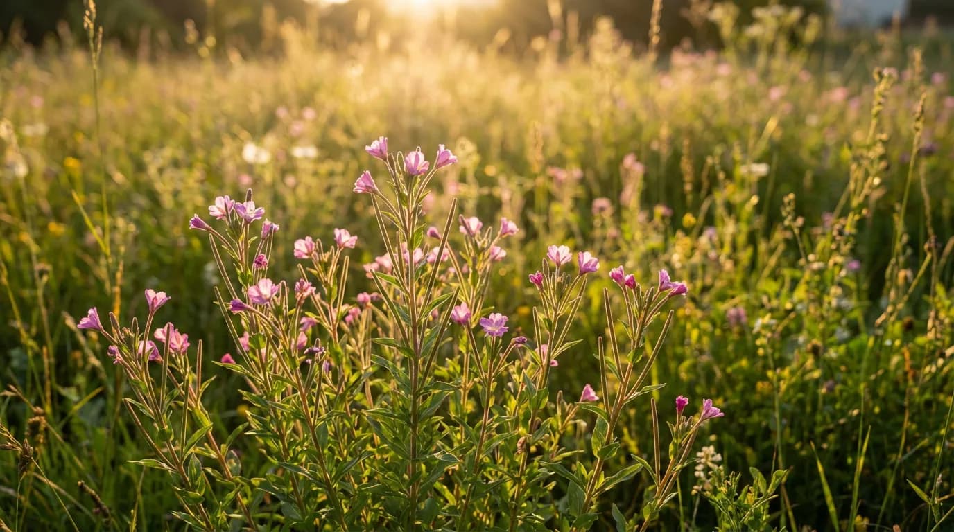 Champ d'épilobes à tige carrée baigné de lumière dorée au coucher du soleil dans un jardin naturel.