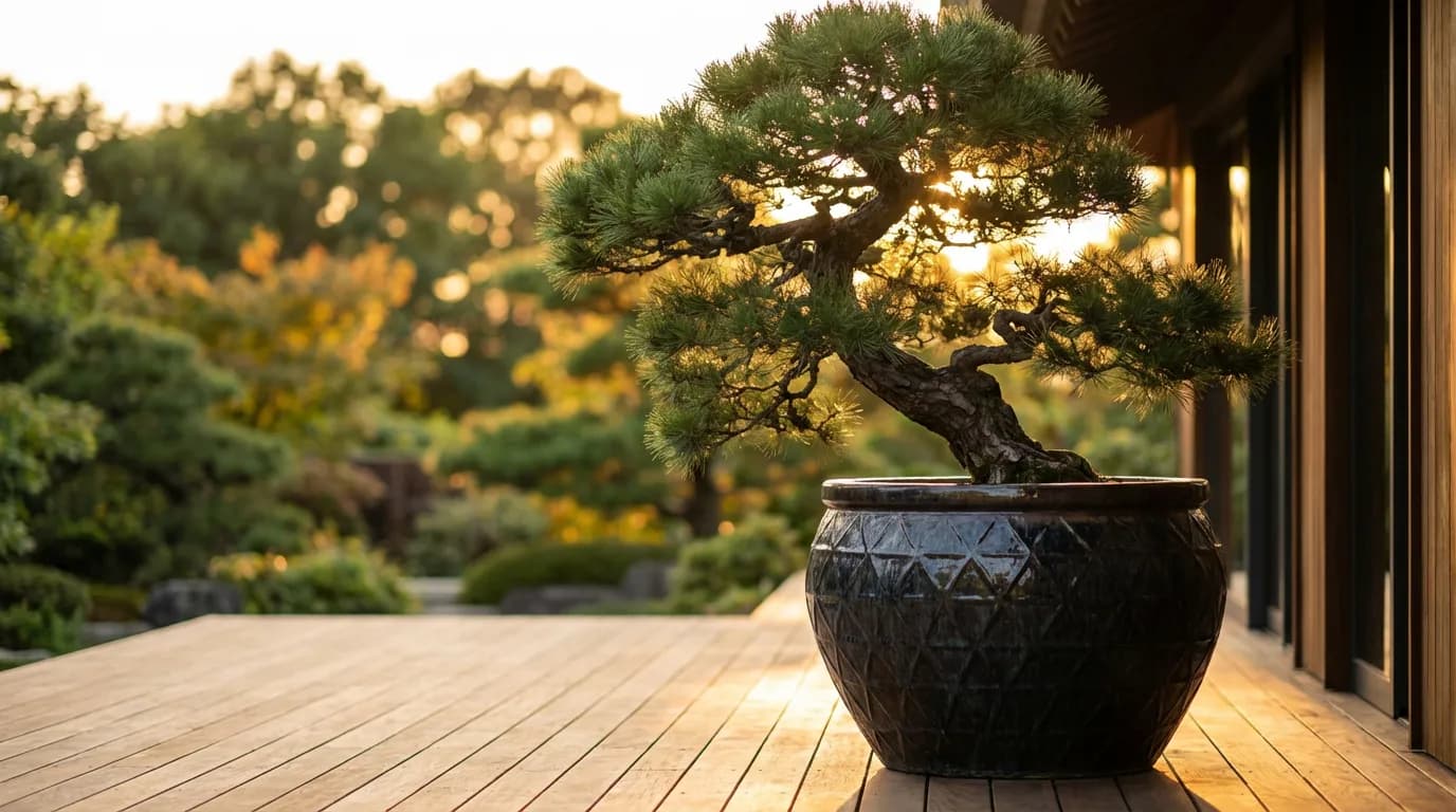 Magnifique pin blanc japonais en pot sur une terrasse en bois moderne au coucher du soleil