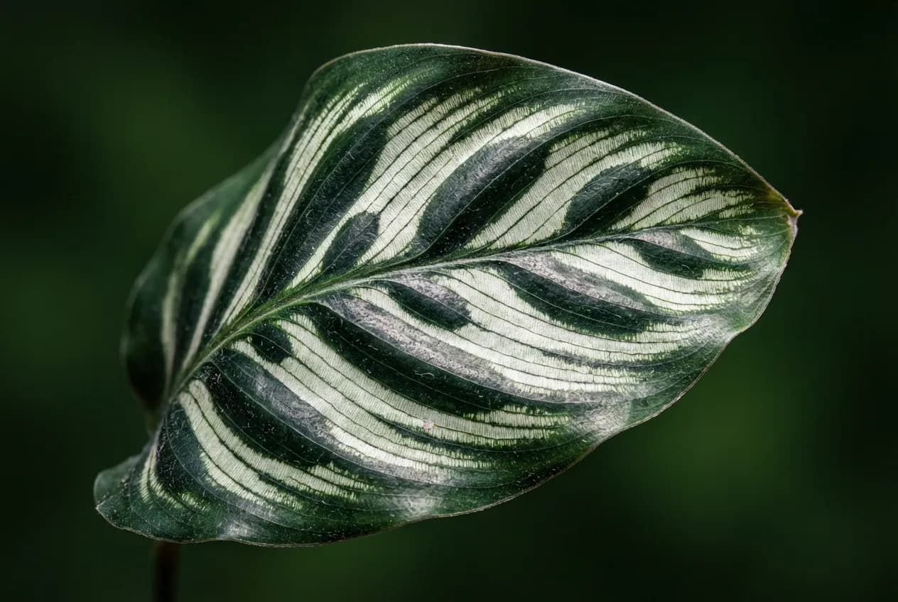 Gros plan macro sur la texture et les motifs d'une feuille de Calathea