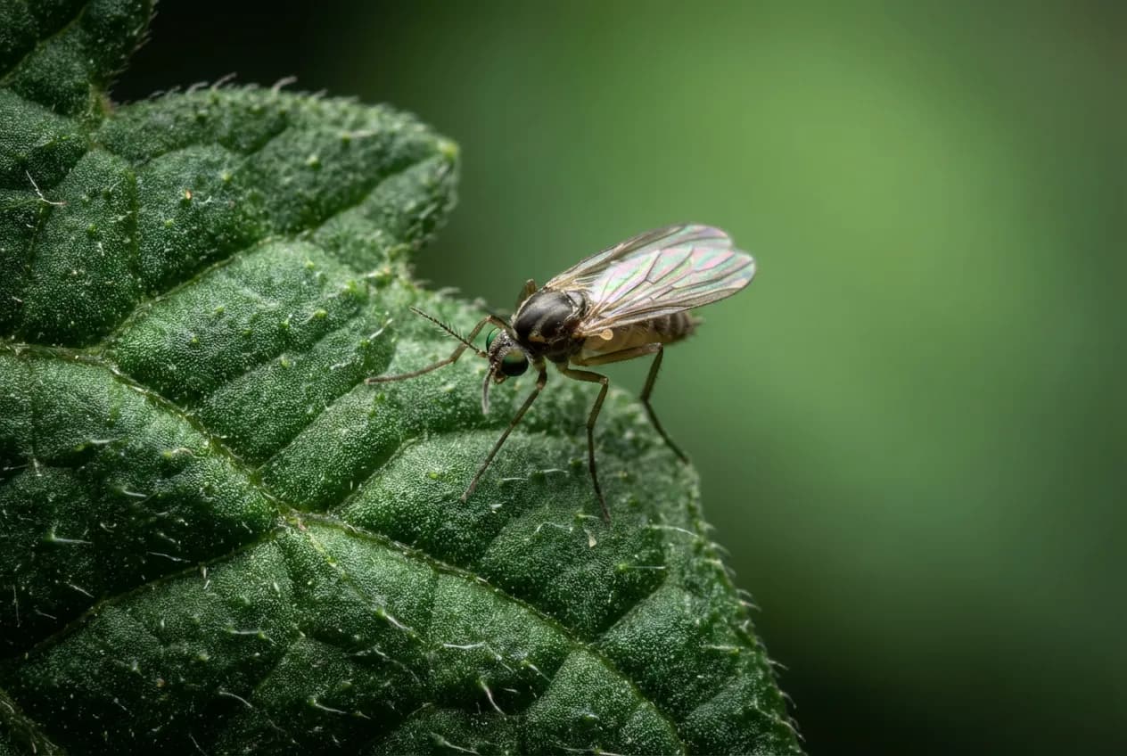 Gros plan macro d'un moucheron posé sur une feuille de tomate