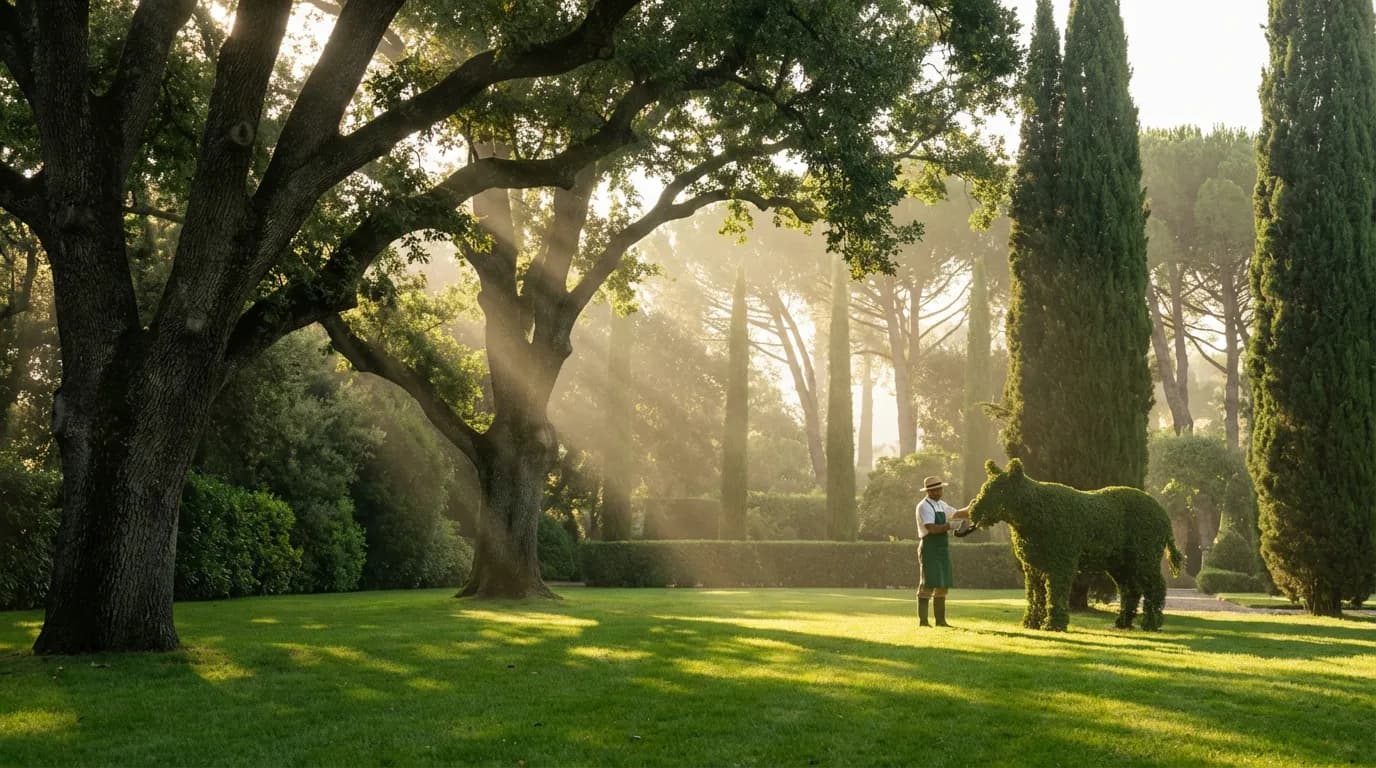 Vue panoramique d'un jardin d'exception parfaitement entretenu sous une lumière dorée