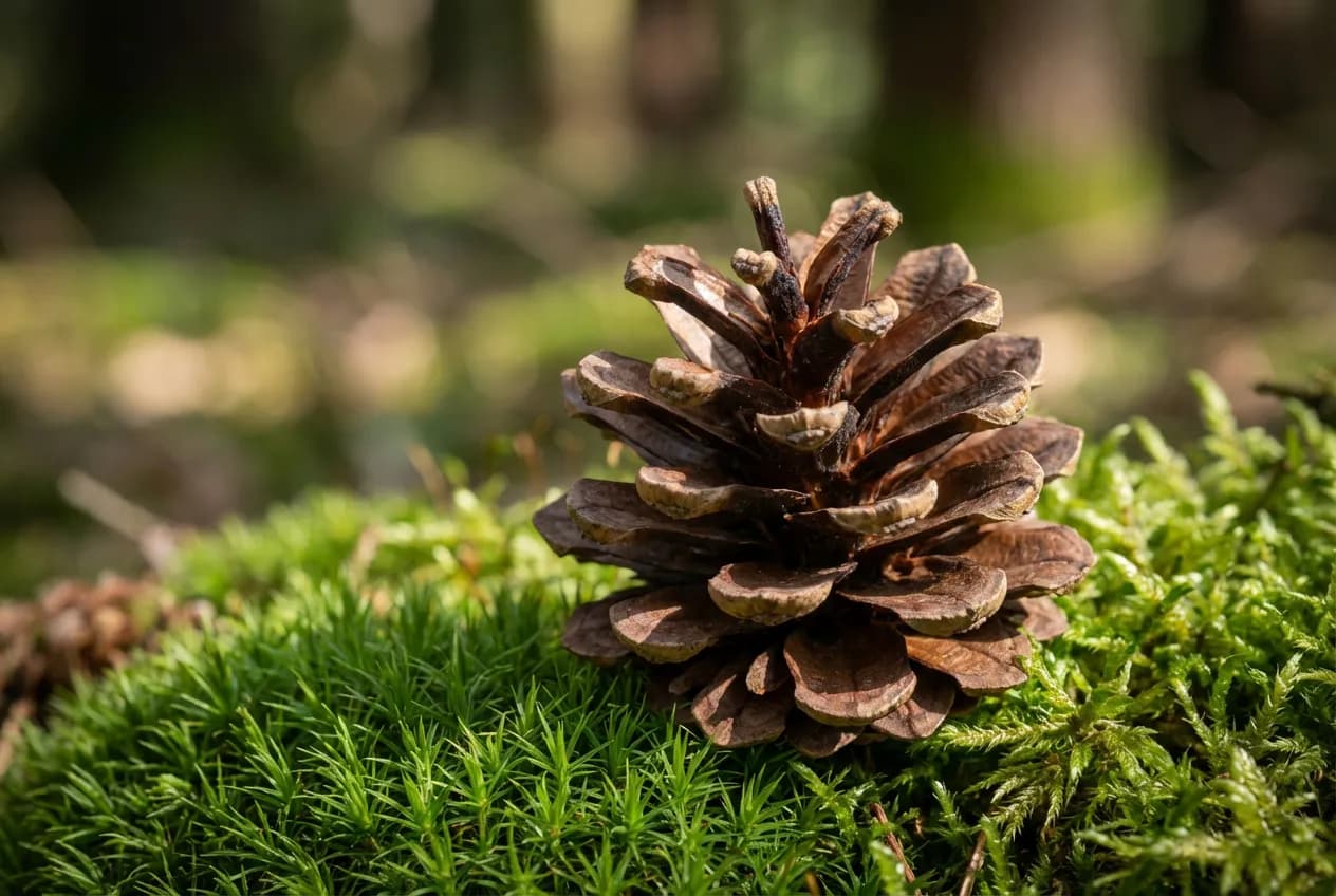 Gros plan macro sur une pomme de pin parfaite sur de la mousse