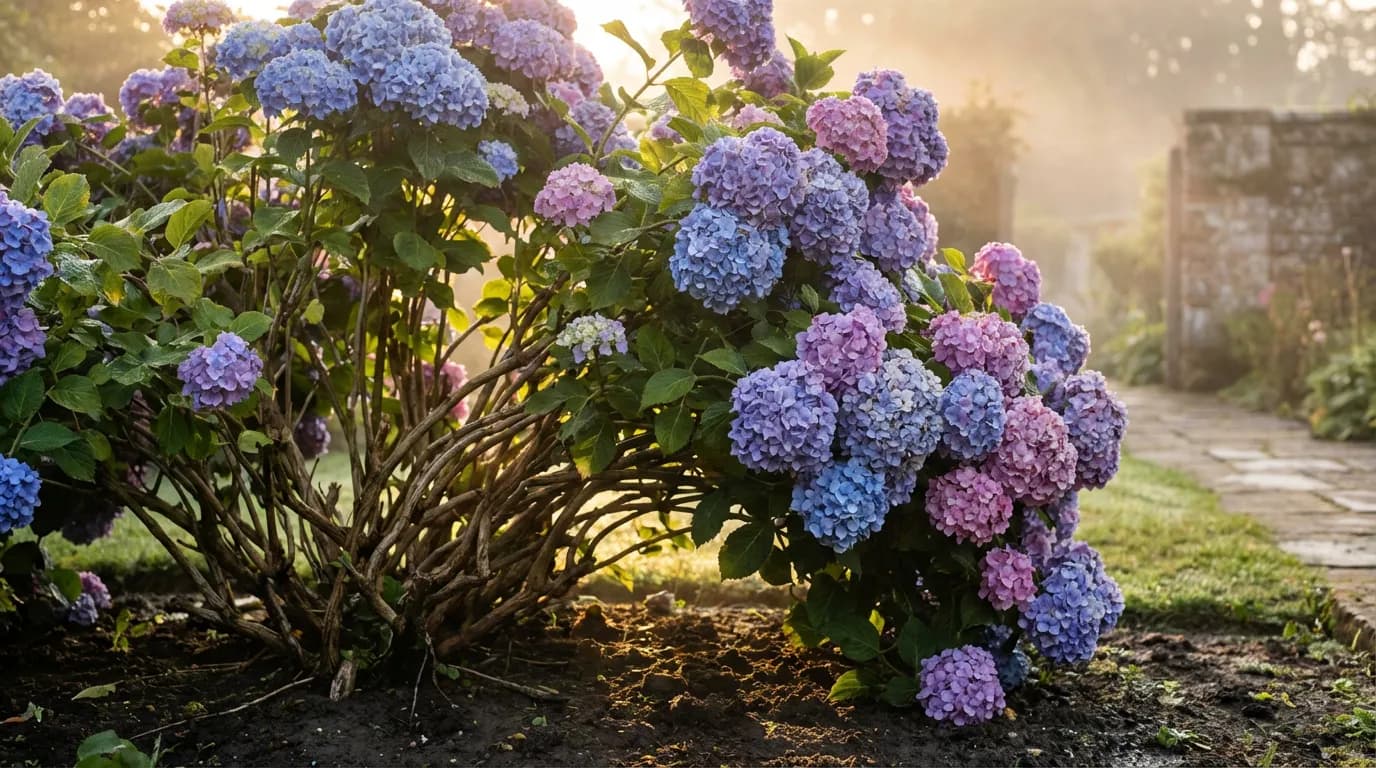 Vue panoramique d'un hortensia fleuri dans un jardin au coucher du soleil, mettant en valeur sa base et le sol.