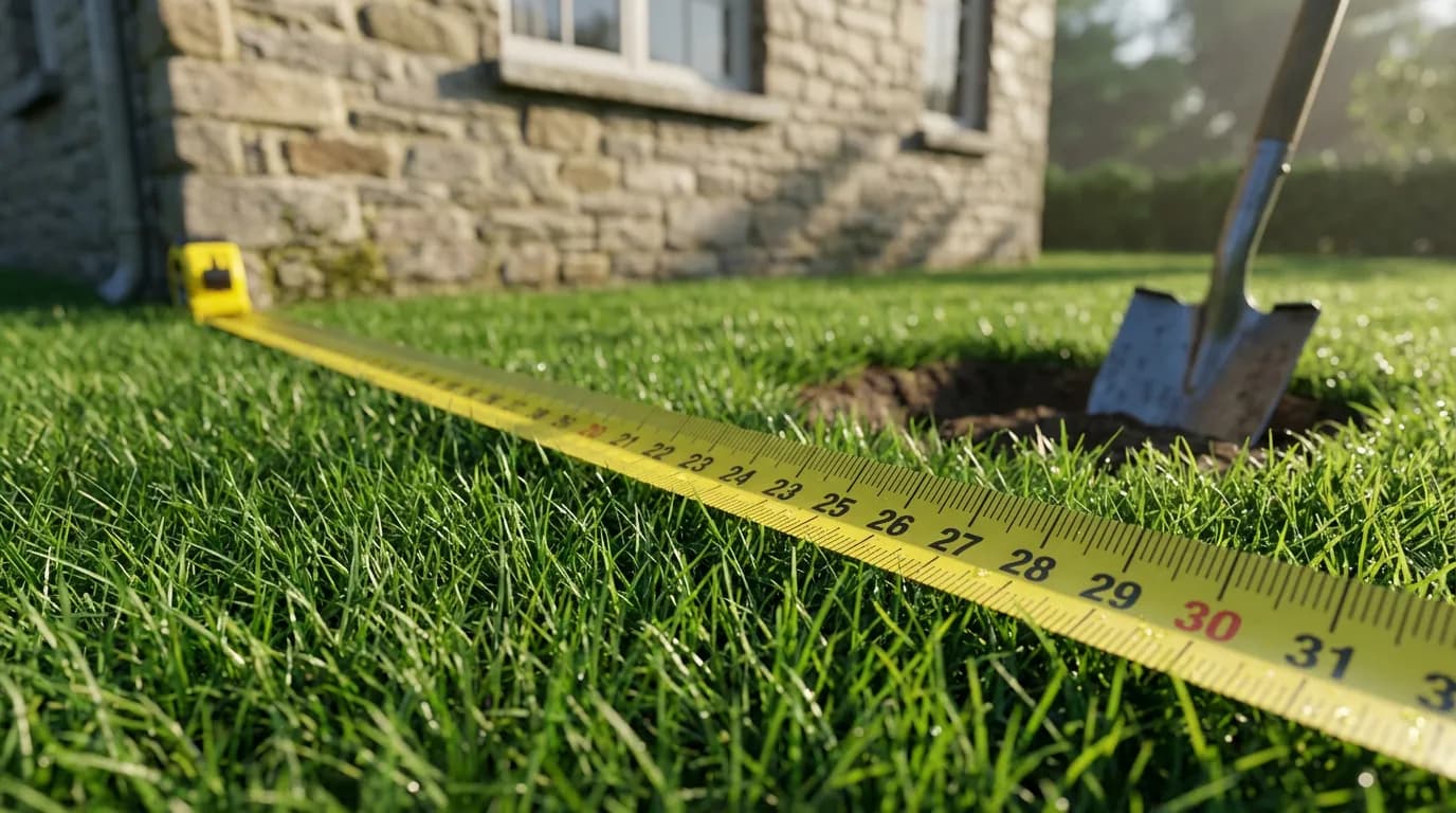Mesure de la distance de plantation entre le mur de la maison et l'emplacement du futur arbre