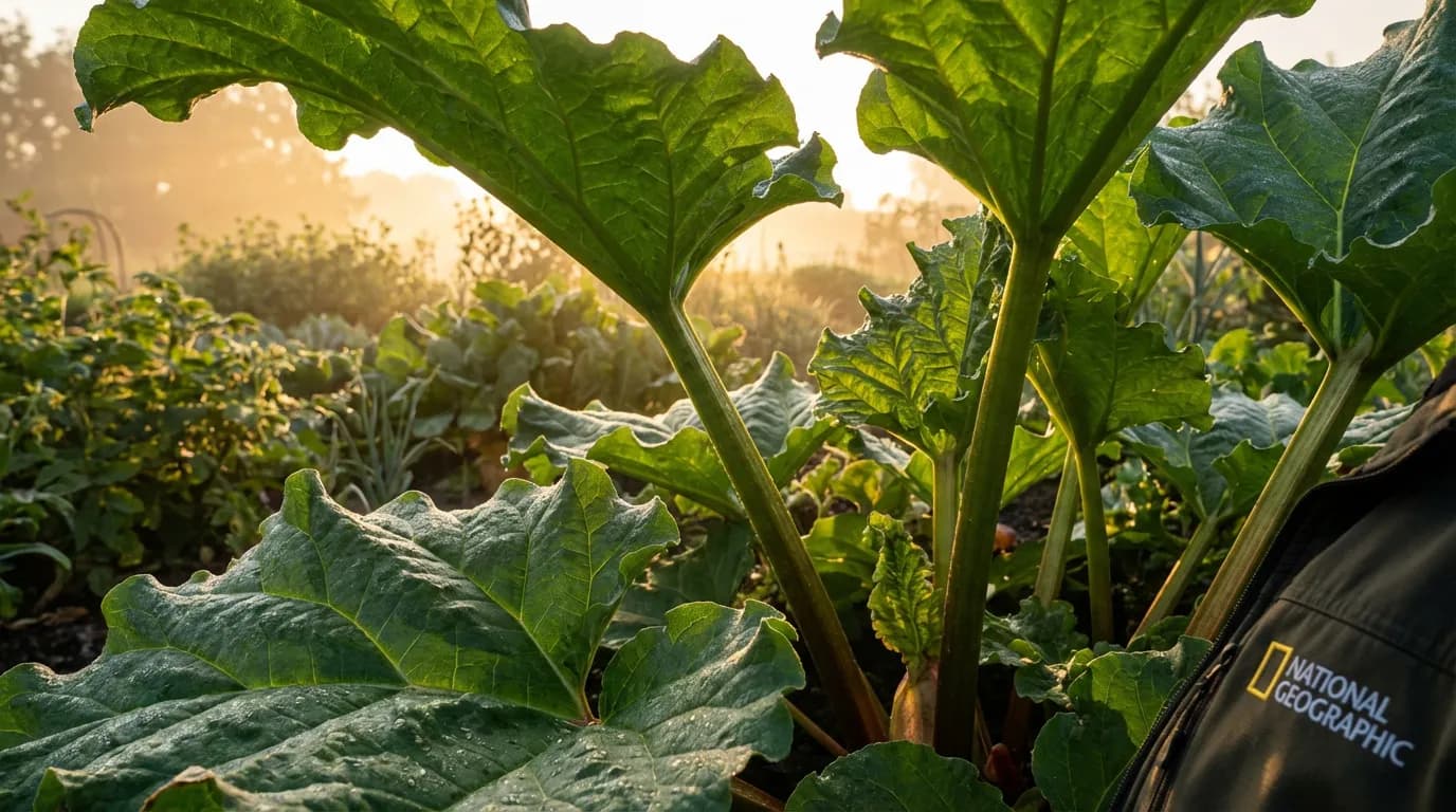 Vue panoramique d'un jardin potager luxuriant avec des plants de rhubarbe verte baignés par la lumière dorée du soleil