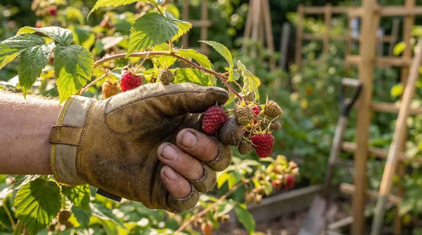 Jardinier inspectant les feuilles et fruits d'un framboisier pour prévenir les maladies