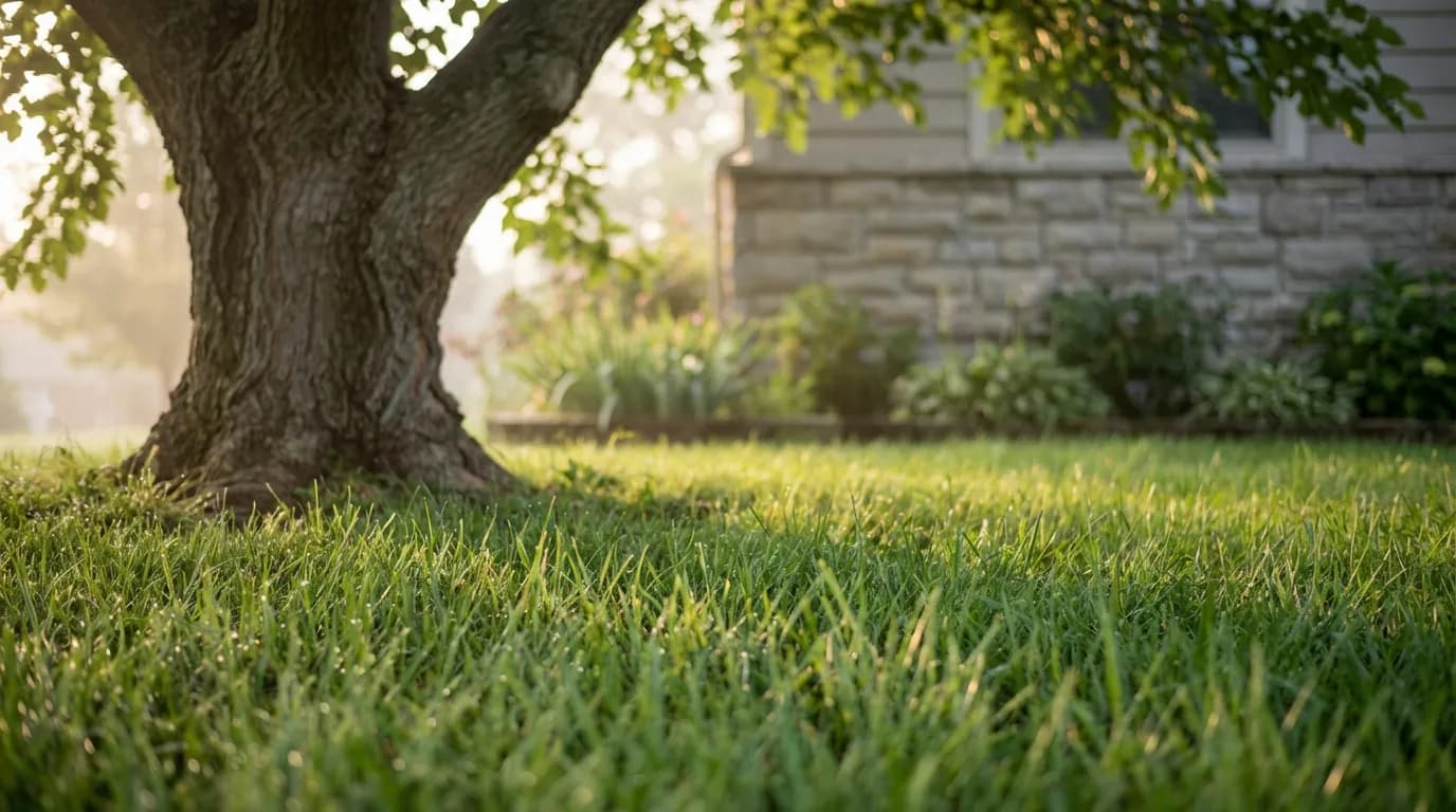 Espace de pelouse verte matérialisant la distance de sécurité entre le tronc d'un mûrier et le mur d'une maison.