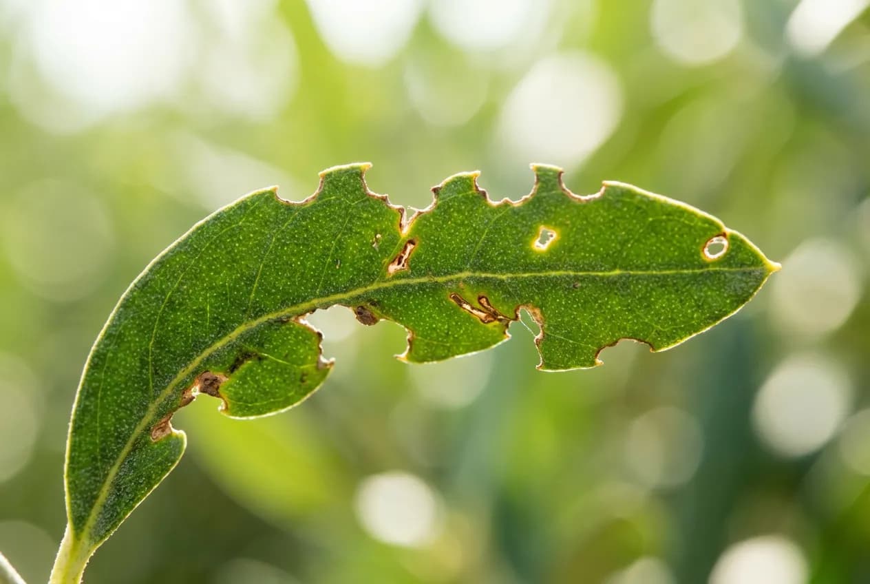 Gros plan macro sur une feuille d'olivier verte montrant des morsures en créneaux sur les bords