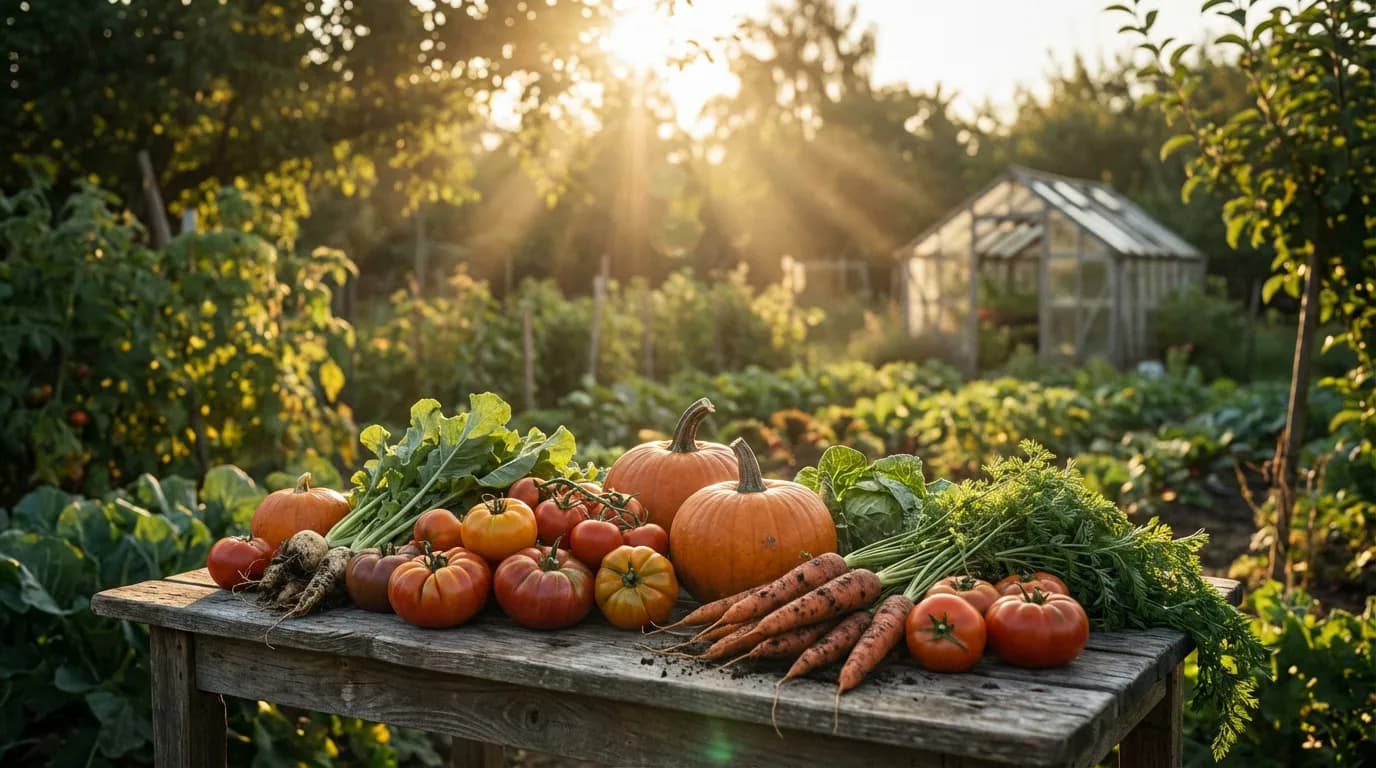 Table rustique remplie d'une récolte abondante de légumes frais dans un potager luxuriant au coucher du soleil.