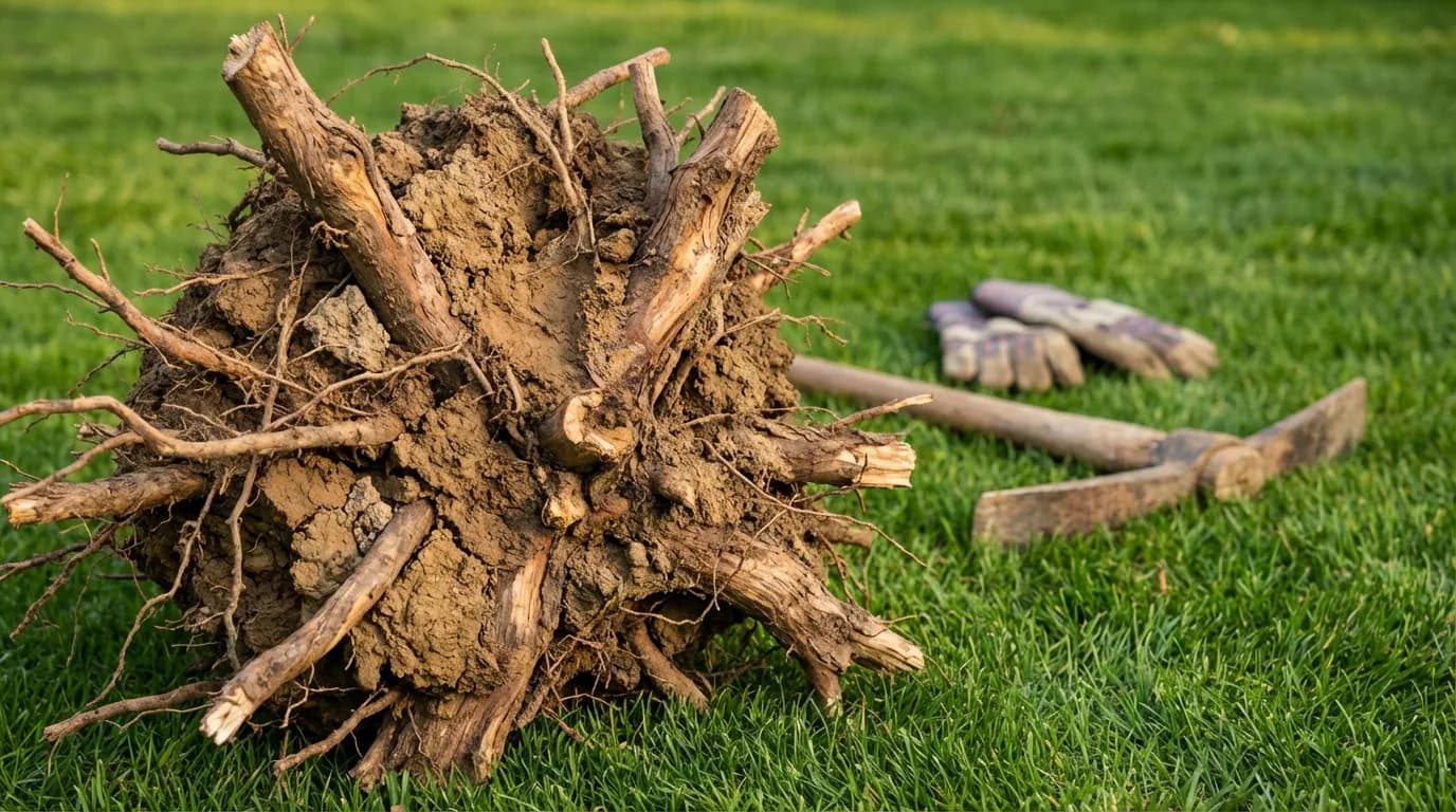 Motte racinaire massive d'un thuya fraîchement extraite du sol posée sur l'herbe