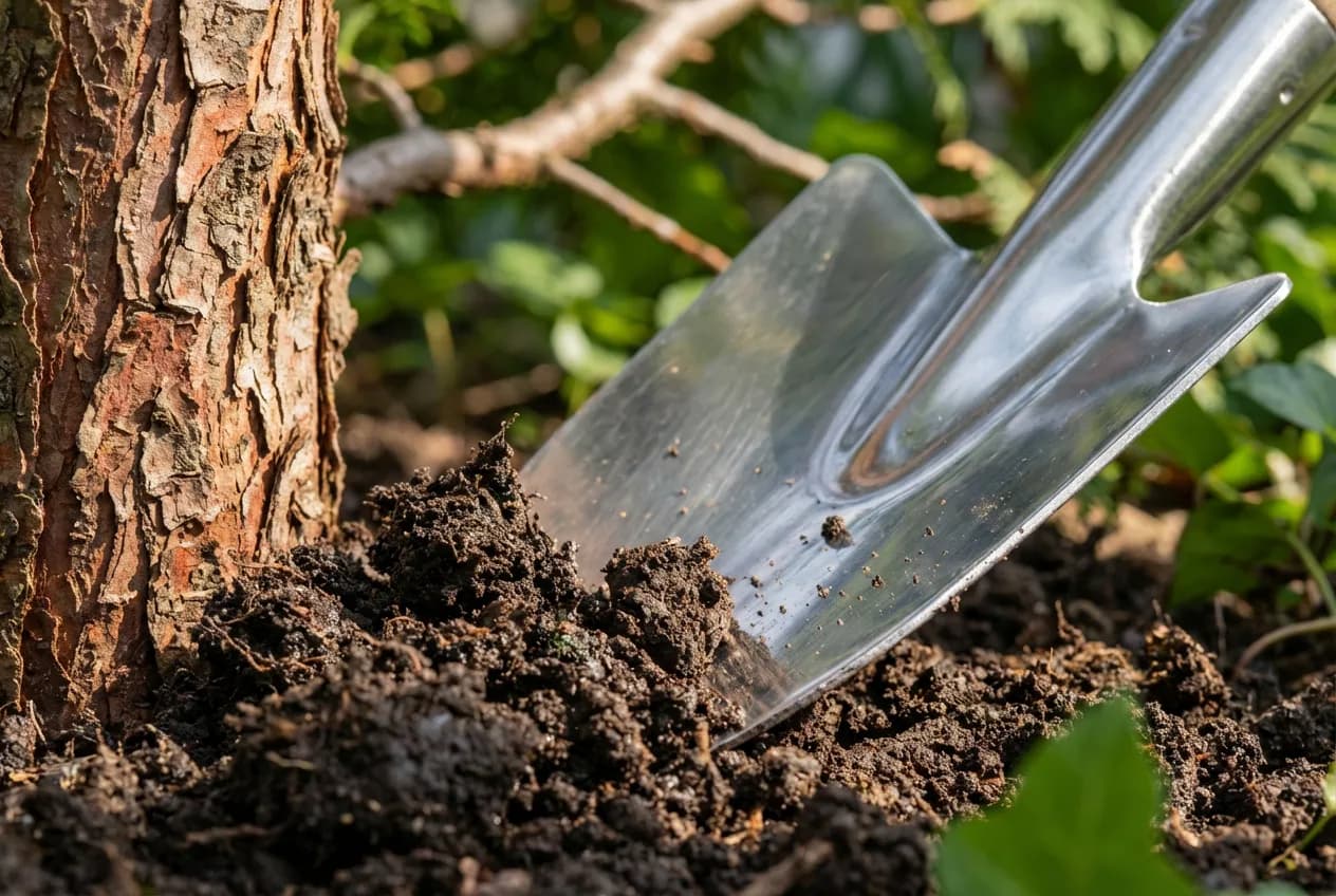 Racine de Thuya : Profondeur, Dangers et Solutions Gros plan sur une pelle de jardinage creusant la terre au pied d'un thuya
