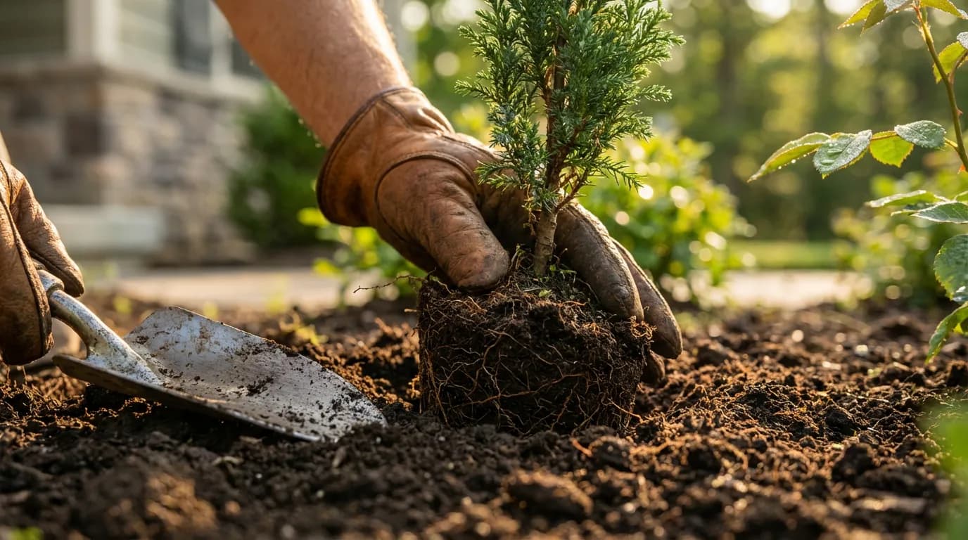Plantation d'un jeune cyprès Jardinier plantant un jeune cyprès en pleine terre près des fondations