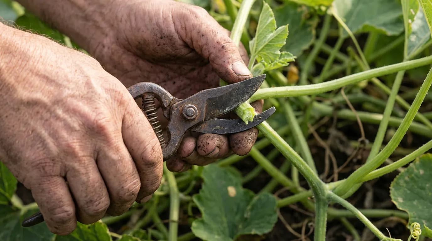 Taille et entretien butternut Jardinier taillant un pied de butternut avec un sécateur pour optimiser la production