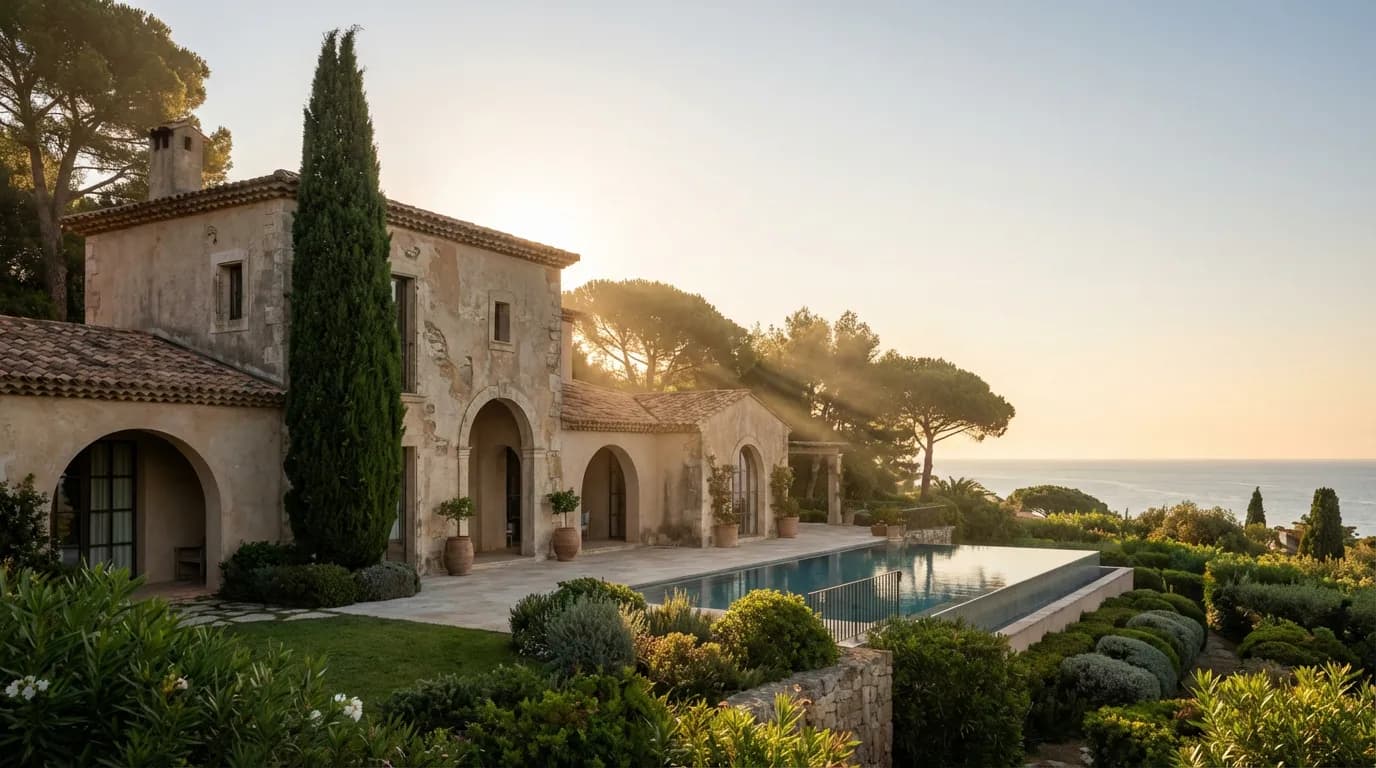Cyprès devant une maison moderne Grand cyprès de Provence planté près d'une villa méditerranéenne au coucher du soleil