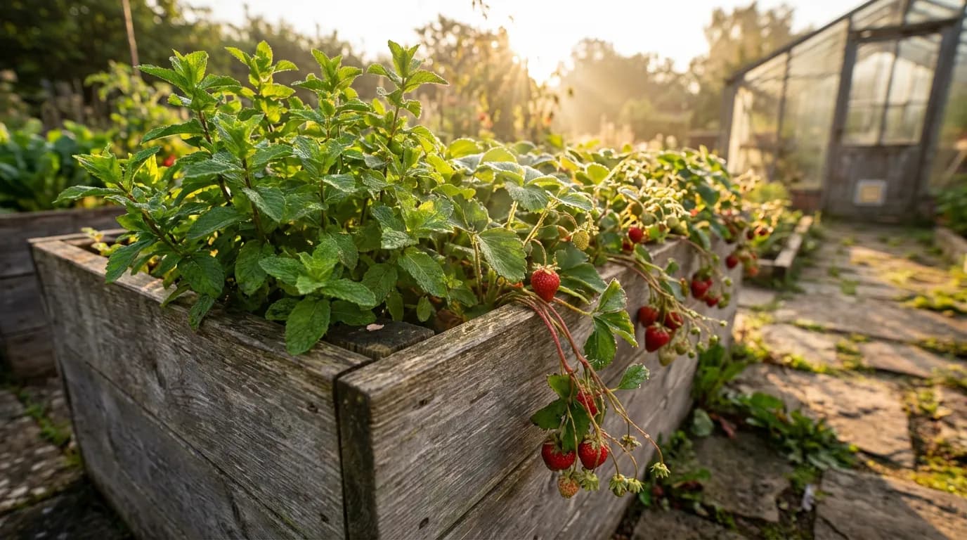 Association menthe et fraisier au jardin Vue panoramique d'un jardin potager luxuriant avec des fraises rouges mûres et des feuilles de menthe verte baignées de lumière dorée