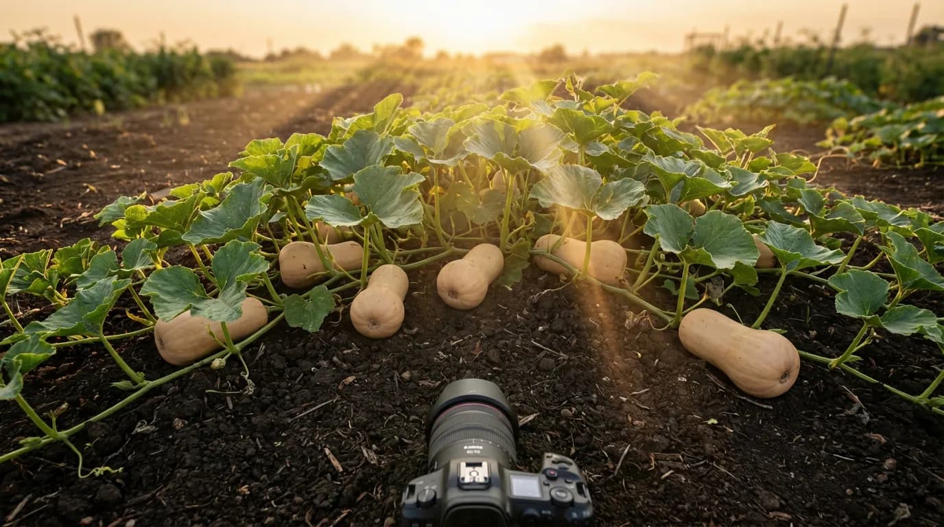 Rendement plant butternut potager Vue d'ensemble d'un pied de butternut productif avec plusieurs courges au sol dans un potager ensoleillé