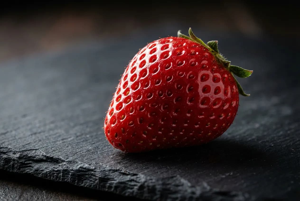 Fraises Charlotte : Avis, Goût et Culture Réussie (2024) Gros plan macro sur une fraise Charlotte rouge vif et brillante