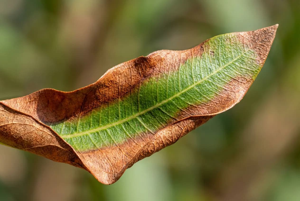 Laurier rose feuilles marrons : Sauver votre arbuste Gros plan macro sur une feuille de laurier rose devenant marron et sèche