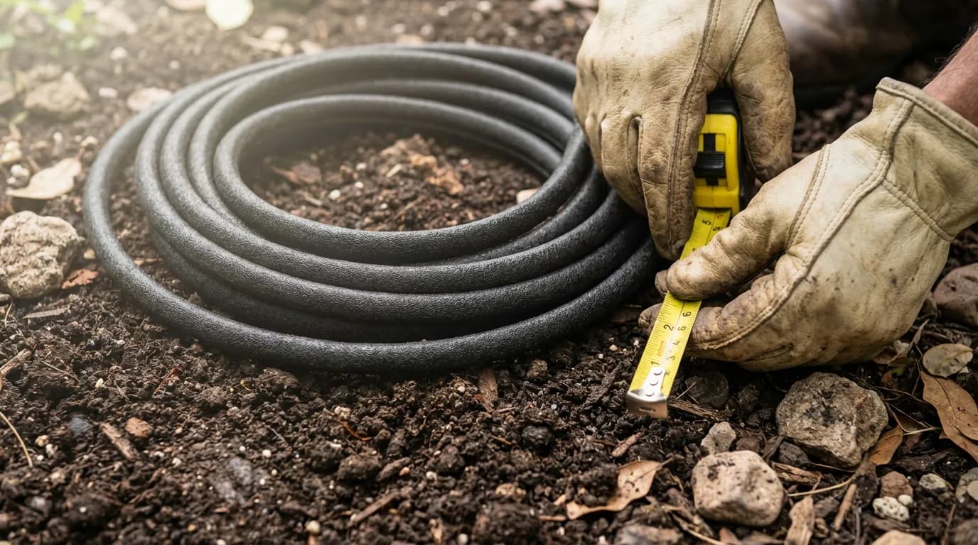 Installation tuyau goutte à goutte Jardinier installant et mesurant la longueur d'un tuyau goutte à goutte sur le sol
