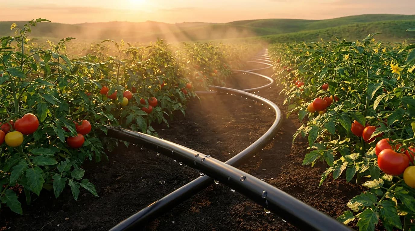 Arrosage goutte à goutte potager infini Vue panoramique d'un système d'arrosage goutte à goutte s'étendant à perte de vue dans un potager au coucher du soleil