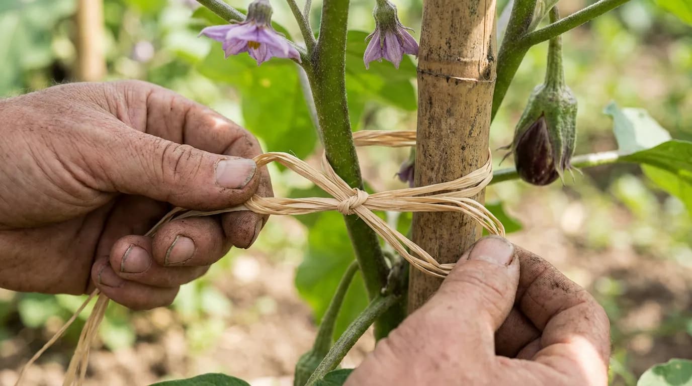 Technique d'attache de l'aubergine Mains d'un jardinier attachant délicatement la tige d'une aubergine au tuteur avec du raphia