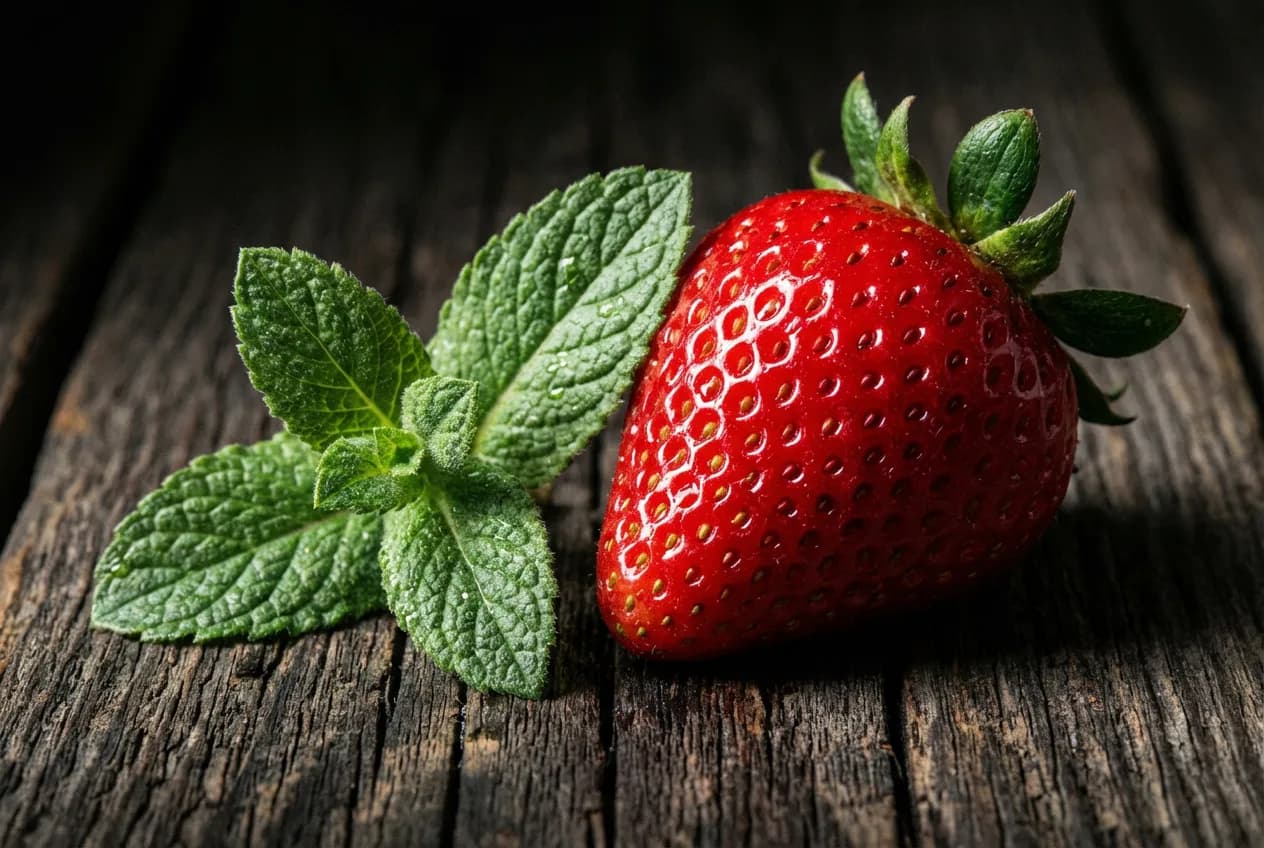 Planter menthe et fraisier ensemble : Guide et Précautions Gros plan artistique montrant une fraise rouge vif et une feuille de menthe fraîche sur fond bois