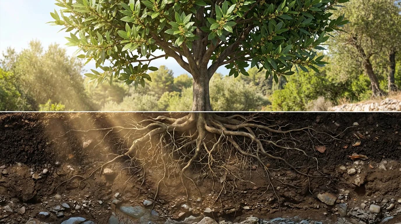 Système racinaire laurier coupe Illustration réaliste en coupe transversale montrant la profondeur du système racinaire du laurier sauce sous terre
