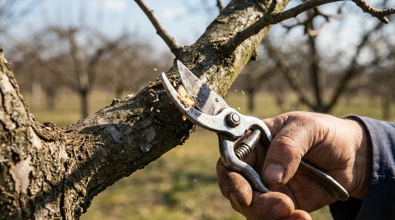 Taille et entretien du pommier Jardinier effectuant la taille d'entretien d'un pommier avec un sécateur pour prolonger sa durée de vie