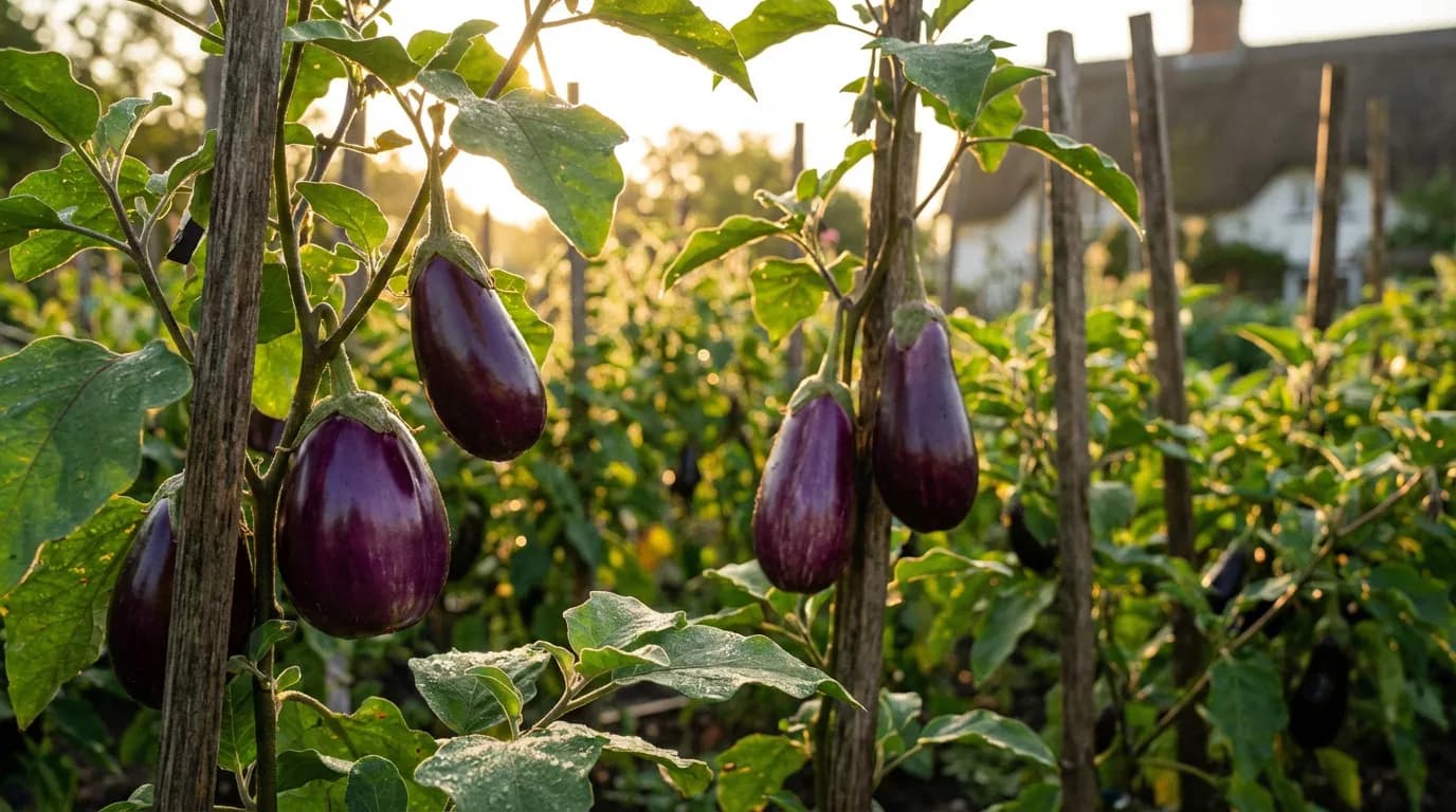 Culture d'aubergines tuteurées au soleil Vue panoramique d'un jardin potager avec des aubergines saines soutenues par des tuteurs en bois au soleil couchant