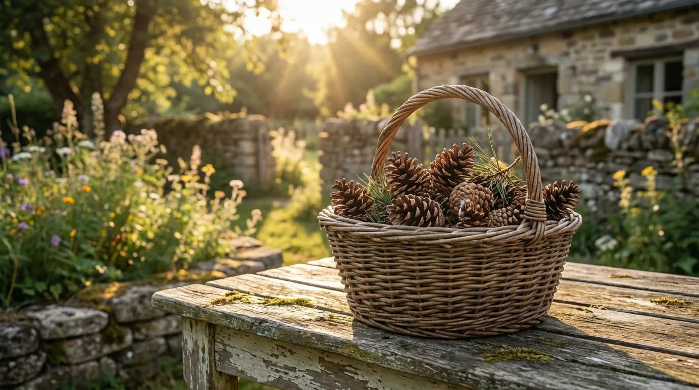 Panier de récolte de pommes de pin Panier en osier rempli de pommes de pin fraîchement ramassées dans un jardin