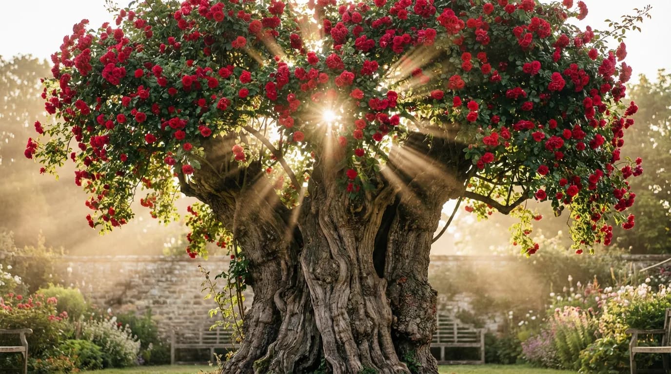 Rosier ancien et majestueux Vieux rosier majestueux au tronc noueux en pleine floraison dans un jardin luxuriant au coucher du soleil